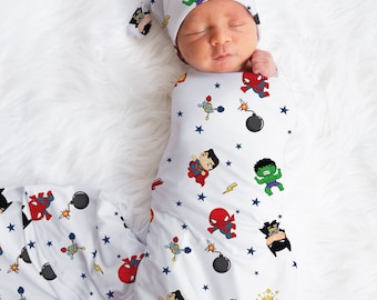SUPERHERO MIX Baby Boy Swaddle Set, Super Baby Accesories, Personalized Baby Name Swaddle, Baby Boy Hat