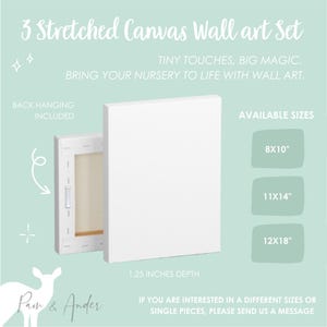 May include: A set of three stretched canvas wall art prints. The canvases are white and have a 1.25 inch depth. The available sizes are 8x10 inches, 11x14 inches, and 12x18 inches. The text "TINY TOUCHES, BIG MAGIC. BRING YOUR NURSERY TO LIFE WITH WALL ART." is displayed above the canvases.