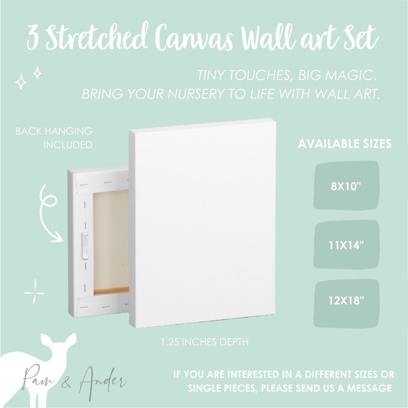May include: A set of three stretched canvas wall art prints. The canvases are white and have a 1.25 inch depth. The available sizes are 8x10 inches, 11x14 inches, and 12x18 inches. The text "TINY TOUCHES, BIG MAGIC. BRING YOUR NURSERY TO LIFE WITH WALL ART." is displayed above the canvases.