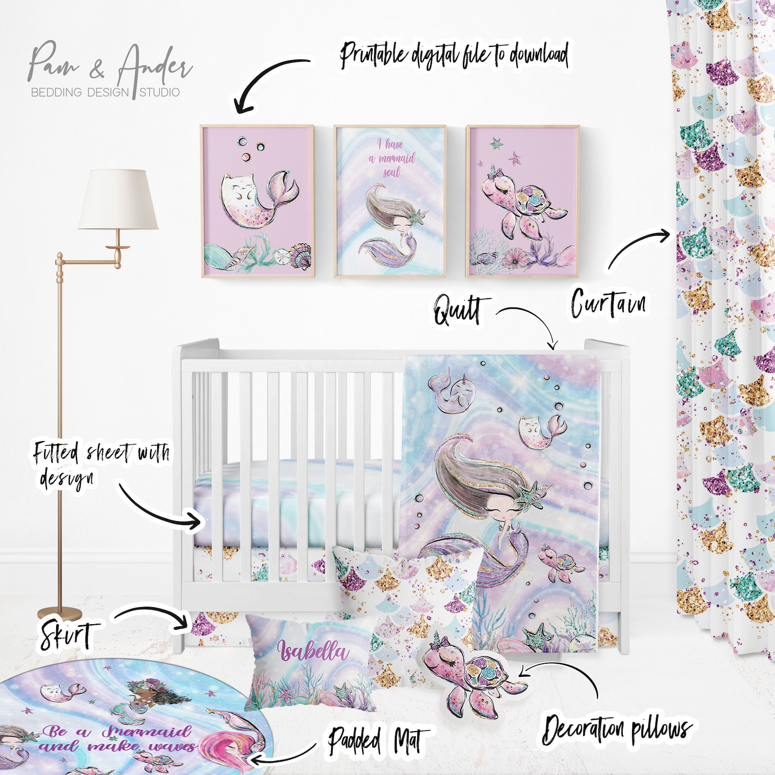 MERMAID FULLY Customized Crib Bedding Set, FREE Customized Design