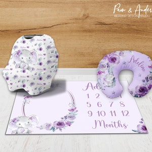 Conjunto de accesorios para bebés elefantes, accesorios para niñas, accesorios morados, accesorios para elefantes, guardería de elefantes morados, accesorios para bebés