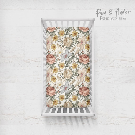 VINTAGE FLORAL MUSTARD Crib Sheet, Floral Crib Bedding Set, Baby
