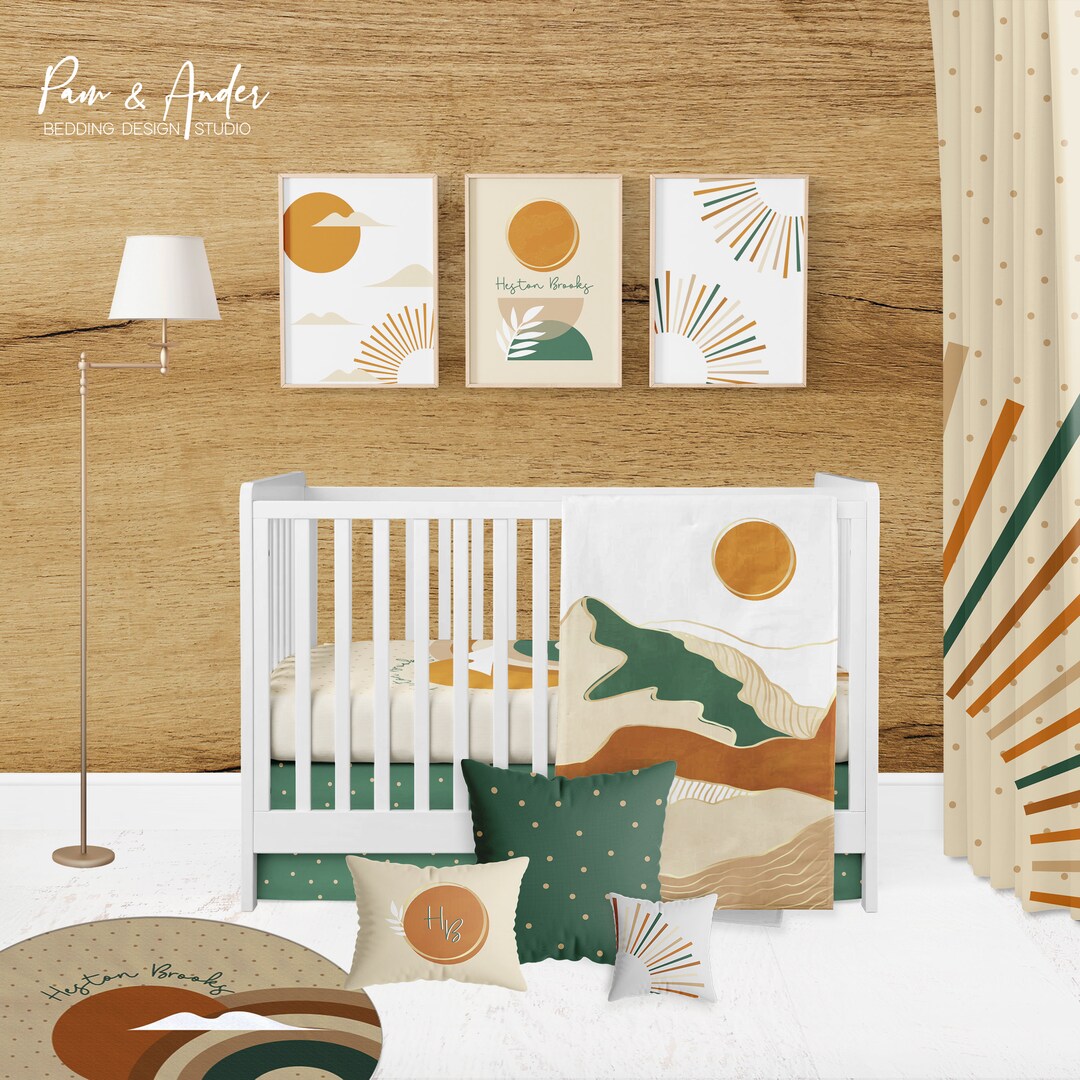 BOHO NURSERY, Boho Crib Bedding Set, Sun Mountain Baby Bedding