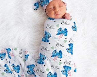 Stitch Baby Boy Swaddle Set, Personalized Baby Gift, Baby Boy Swaddle, Baby Shower Gift, Newborn Gift, Personalized Baby Boy Blanket