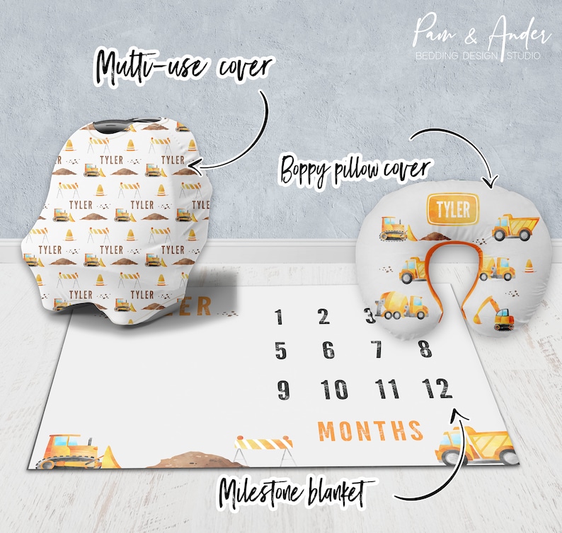 May include: A construction-themed baby milestone blanket with a yellow bulldozer, a stop sign, and numbers 1 through 12. The blanket also includes a matching boppy pillow cover with a yellow bulldozer and the name "Tyler" on a sign.