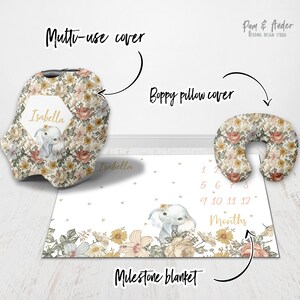 Puede incluir: Una manta de hitos con estampado floral y un lindo dise&ntilde;o de elefante, una funda de almohada Boppy a juego y una funda multiusos. La manta tiene una tabla de n&uacute;meros para hacer un seguimiento del crecimiento del beb&eacute;. La funda tiene el nombre "Isabella" en ella.
