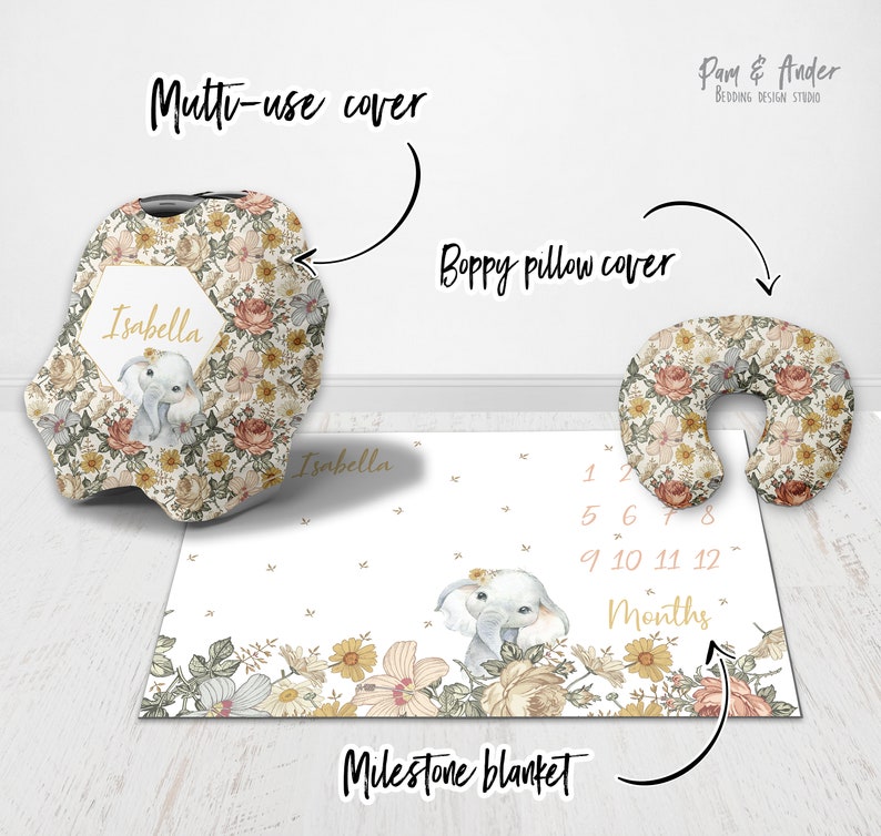 Puede incluir: Una manta de hitos con estampado floral y un lindo dise&ntilde;o de elefante, una funda de almohada Boppy a juego y una funda multiusos. La manta tiene una tabla de n&uacute;meros para hacer un seguimiento del crecimiento del beb&eacute;. La funda tiene el nombre "Isabella" en ella.