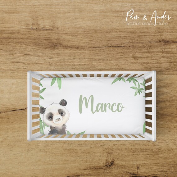 PANDA FITTED SHEET, Baby Boy Sheet, Panda Nursery, Leaves Baby