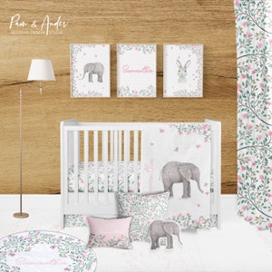 Elephant crib set, elephant girl bedding, crib bedding, baby girl crib, baby bedding, baby girl crib, customizable bedding set, baby bedding