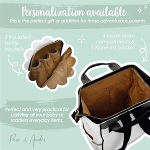May include: White and black diaper bag with a zippered pocket and multiple compartments. The bag has a brown interior and is open to show the inside. The bag is perfect for carrying baby or toddler essentials.