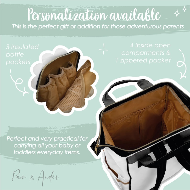 May include: White and black diaper bag with a zippered pocket and multiple compartments. The bag has a brown interior and is open to show the inside. The bag is perfect for carrying baby or toddler essentials.