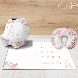 Conjunto de accesorios florales, Accesorios para bebé niña, Manta de bebé con inicial floral, Guardería floral rosa y gris