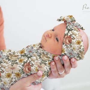 Conjunto de arrullo para bebé niña FLORAL VINTAGE, Accesorios florales para bebé, Arrullo personalizado con nombre de bebé, Diadema para bebé niña