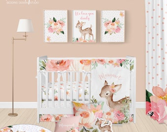 DEER AND FLOWERS Crib Set, baby girl bedding, Deer Baby Nursery Set, Baby Girl Crib, Woodland Baby Nursery, Personalized Baby Blanket