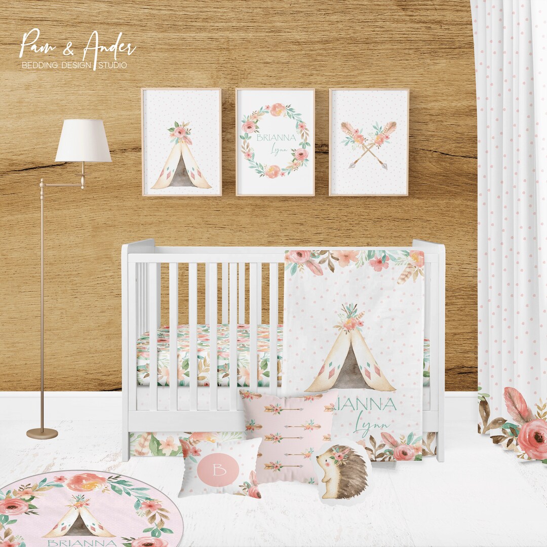 BOHO CRIB BEDDING set, teepee crib bedding set, boho baby nursery, boho crib sheet, baby bedding