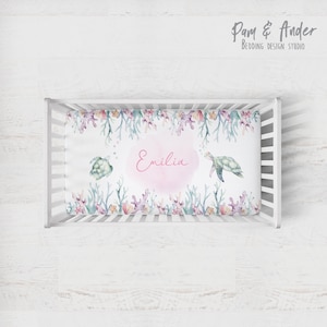 SEA TURTLE fitted sheet, ocean nuersery, girl baby bedding, baby girl bedding crib, baby animals