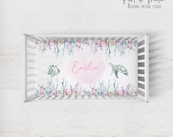 SEA TURTLE fitted sheet, ocean nuersery, girl baby bedding, baby girl bedding crib, baby animals