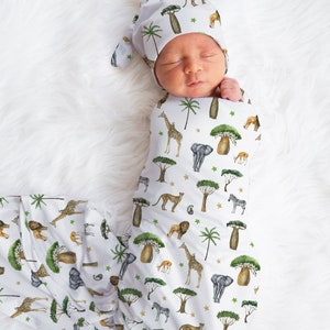 Conjunto de arrullo para bebé SAFARI, Accesorios para bebés de la jungla, Arrullo personalizado con nombre de bebé, Gorro para bebé