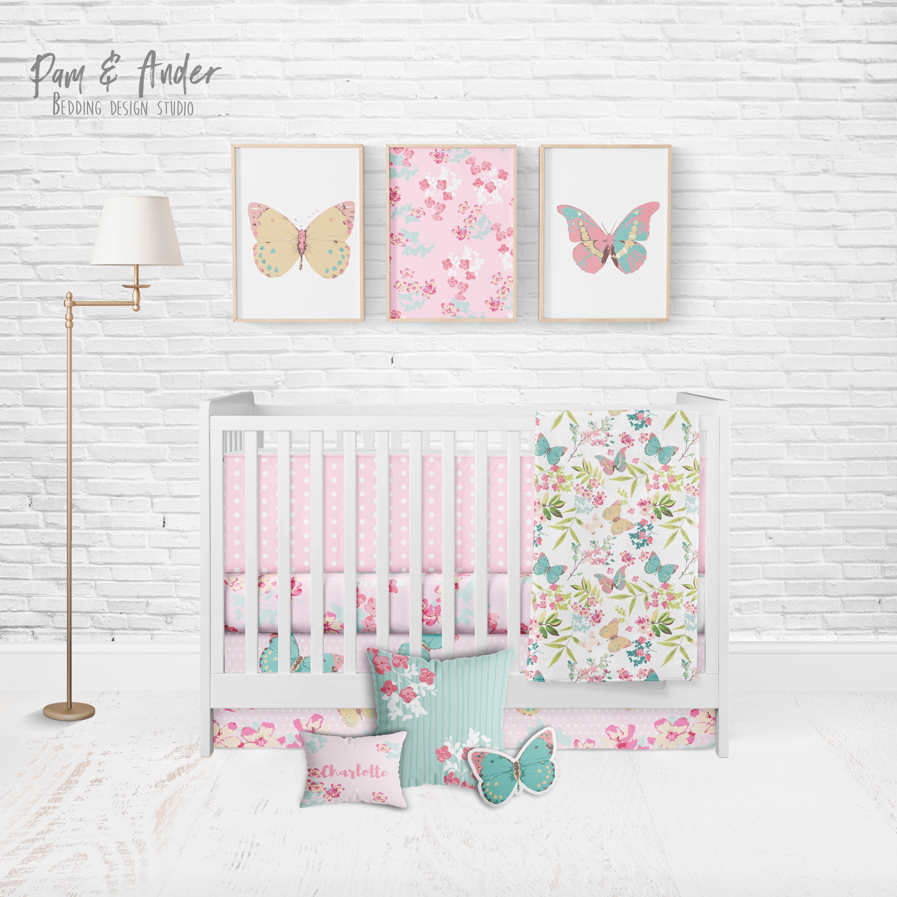BUTTERFLY BABY BEDDING, spring nursery, floral nursery decor, girl crib