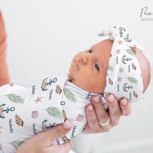 Swaddle náutico Baby Girl Swaddle Set, Accesorios para bebés Anchorl, Swaddle personalizado con nombre de bebé, Diadema para niña
