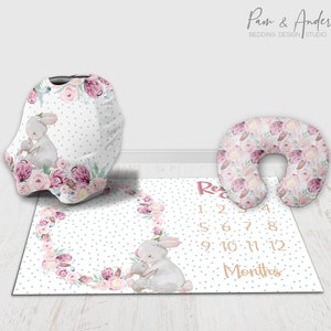 Conjunto de ACCESORIOS PARA BEBÉ CONEJITO, Conjunto de accesorios florales, Guardería de conejito, Conjunto de accesorios para niña, Manta de bebé conejito