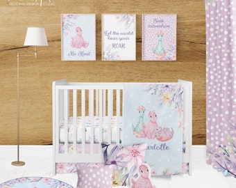 GIRLY DINOSAUR NURSERY, dinosaur baby blanket, girl baby bedding, crib sheet, personalized bedding set, baby bedding