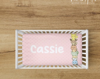Poke Animals Fitted Sheet Set, Baby Girl Crib Sheets, Poke Animals Nursery Set, Personalized Poke Baby Sheet, Pink