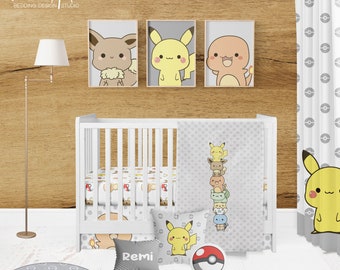 Poke Animals Crib Bedding Set, Baby Boy Crib Bedding, Poke Animals Nursery Bedding Set, Personalized Poke Baby Blanket, Gray, baby bedding