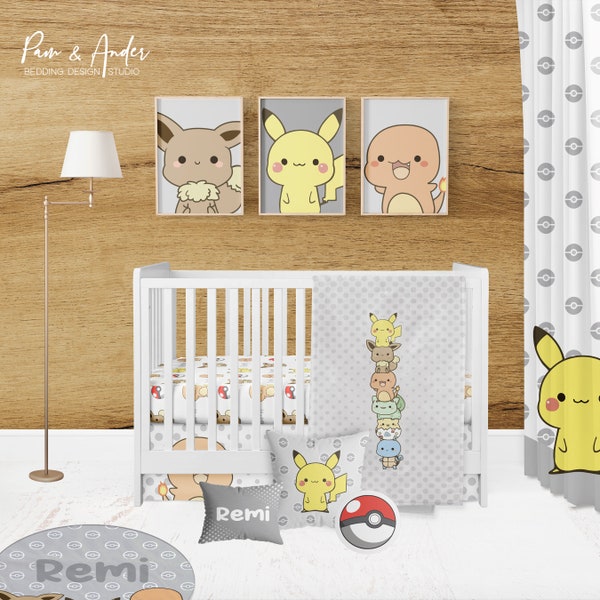 Poke Animals Crib Bedding Set, Baby Boy Crib Bedding, Poke Animals Nursery Bedding Set, Personalized Poke Baby Blanket, Gray, baby bedding