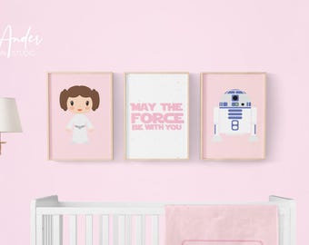 Baby Girl Star Wars Wall Art Set,  Star Wars Nursery, Digital Art Girl, Star wars Nursery Girl