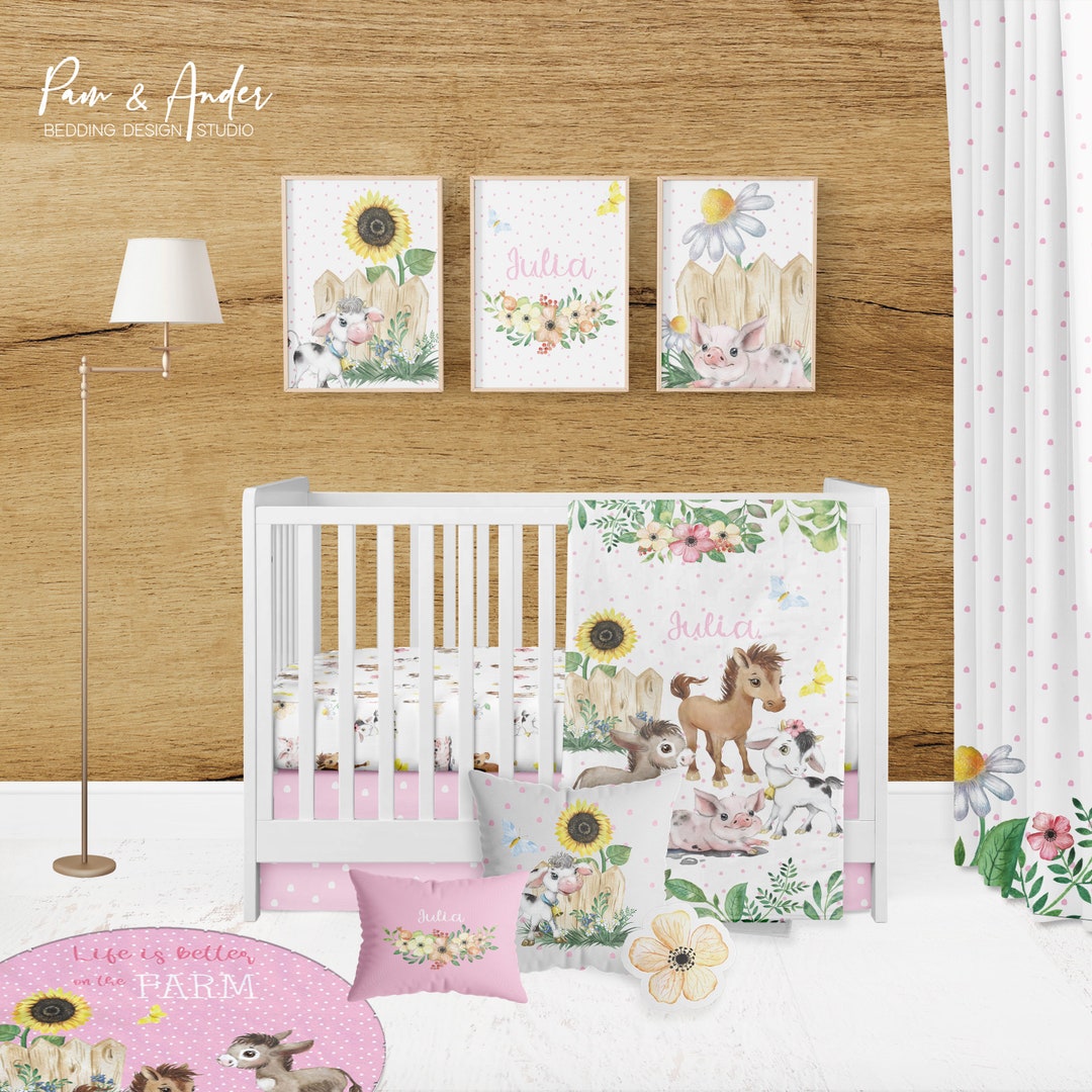 FARM CRIB BEDDING Set, Floral Farm Crib Bedding, Farm Girl Nursery