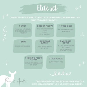 Puede incluir: Un gr&aacute;fico que muestra los art&iacute;culos incluidos en un "Conjunto &Eacute;lite" de ropa de cama para beb&eacute;s. El conjunto incluye una colcha, 3 almohadas decorativas, una s&aacute;bana bajera, una falda, una manta de hito, una funda multiusos, una funda de almohada de lactancia y 3 archivos digitales. El texto "Cont&aacute;ctanos si quieres crear un paquete personalizado, estaremos encantados de enviarte un presupuesto :)" est&aacute; en la parte superior del gr&aacute;fico. El texto "Opci&oacute;n de dise&ntilde;o personalizado disponible sin coste adicional, por favor contacta con nosotros si tienes alguna consulta." est&aacute; en la parte inferior del gr&aacute;fico.