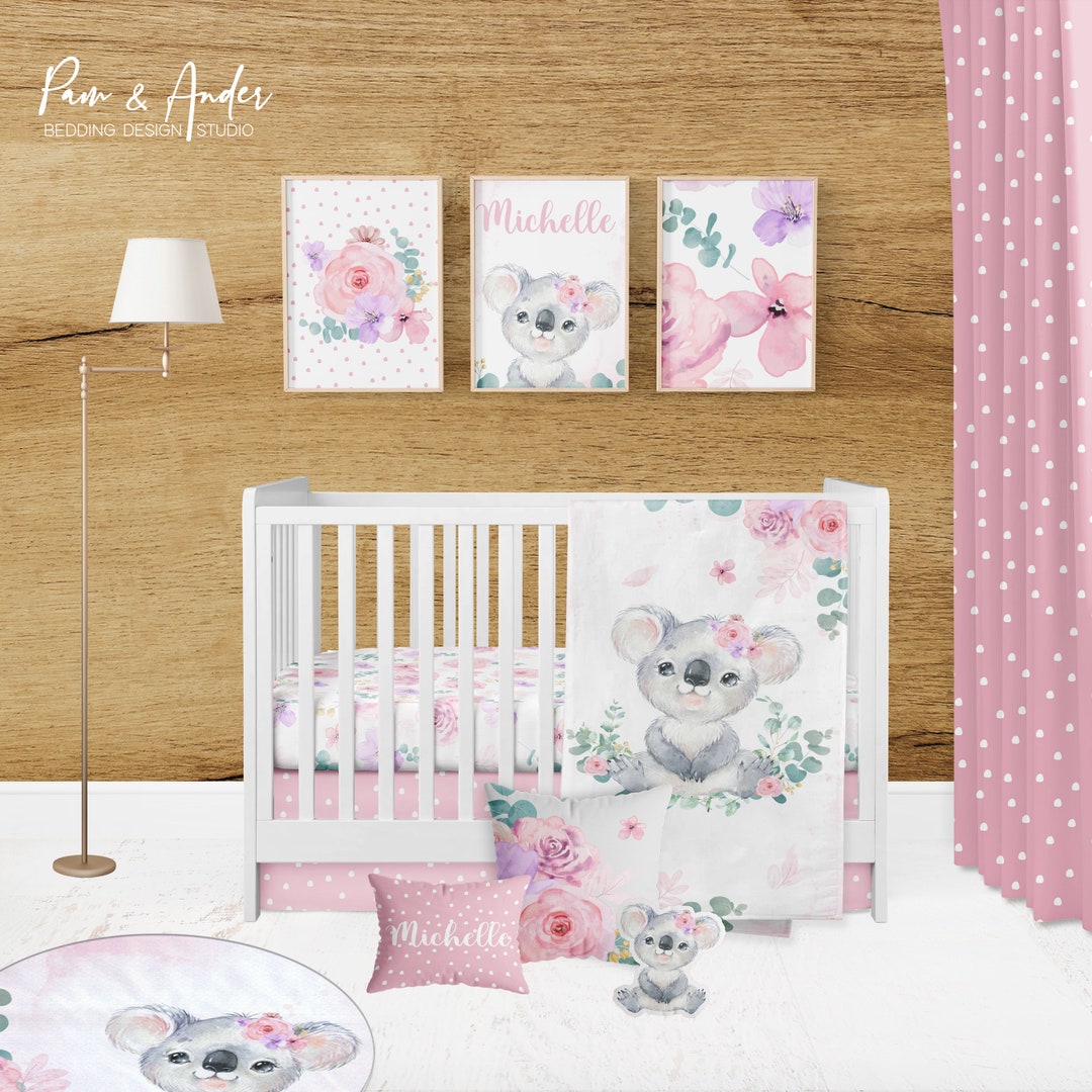 KOALA BABY BEDDING Set, Floral Crib Bedding, Safari Nursery, Baby Koala