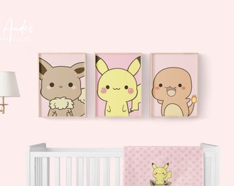 Poke Animals Wall Art Set, Baby Girl Digital Arl, Poke Animals Nursery Set, Personalized Poke Baby Digital Files, Pink