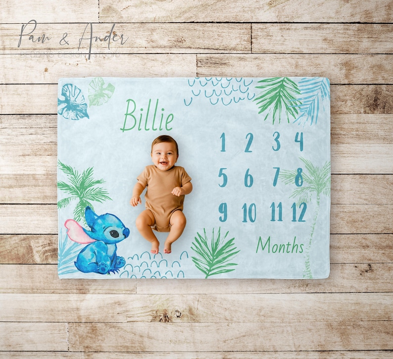 Stitch Baby Boy Milestone Blanket, Baby Boy Personalized Blanket, Baby Shower Gift, Baby Boy Gift, Newborn Gift, Personalized Baby Blanket afbeelding 1