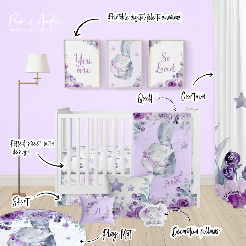 May include: A purple and grey nursery bedding set with a floral design and a sleeping elephant. The set includes a fitted sheet, a quilt, a play mat, and decorative pillows. The quilt and pillows feature the text "You are", "So Loved", and "Adeline".