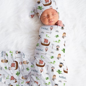 Conjunto de pañales para bebé niño VIKING, accesorios nórdicos para bebé, pañales personalizados con nombre para bebé, gorro para bebé niño