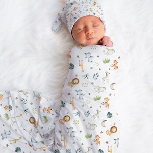 JUNGLE Baby Boy Swaddle Set, Accesorios para bebés Safari, Swaddle personalizado con nombre de bebé, Sombrero de niño bebé