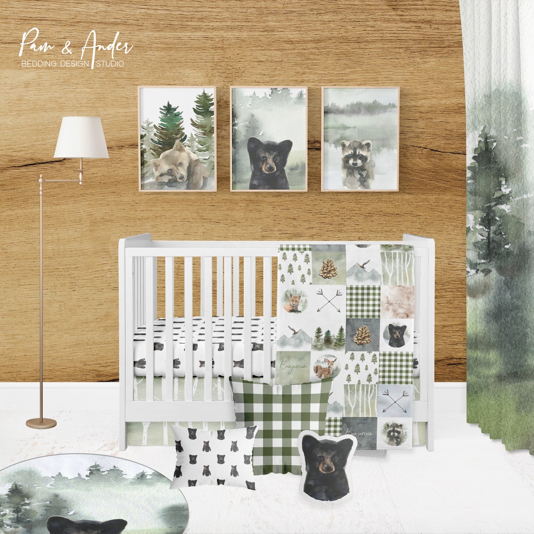 Bear Crib Bedding Set, PERSONALIZED Baby Boy Nursery, Boy Crib Bedding, Forest Themed Crib Sheet