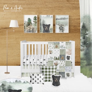 Bear crib bedding set, PERSONALIZED baby boy nursery, boy crib bedding, forest themed crib sheet, woodland nursery, baby bedding