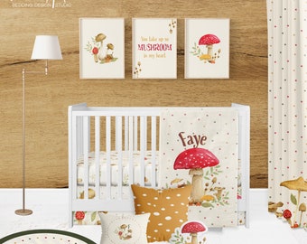 MUSHROOM BABY NURSERY, Neutral Crib Bedding Set , Personalized  Blanket, Earth Tones Crib, Mushroom baby bedding, Baby Shower Gift