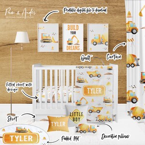 May include: A nursery room decorated with a construction theme. The room features a crib with a fitted sheet and quilt, a round rug, a pillow, and a curtain. The crib bedding features a yellow and gray pattern with construction vehicles. The rug and pillow also feature the same pattern. The curtain is white with a yellow and gray construction vehicle pattern. The room also features two framed prints with the text "Build Your Dreams" and a third print with a construction vehicle. The room is decorated with the name "Tyler".