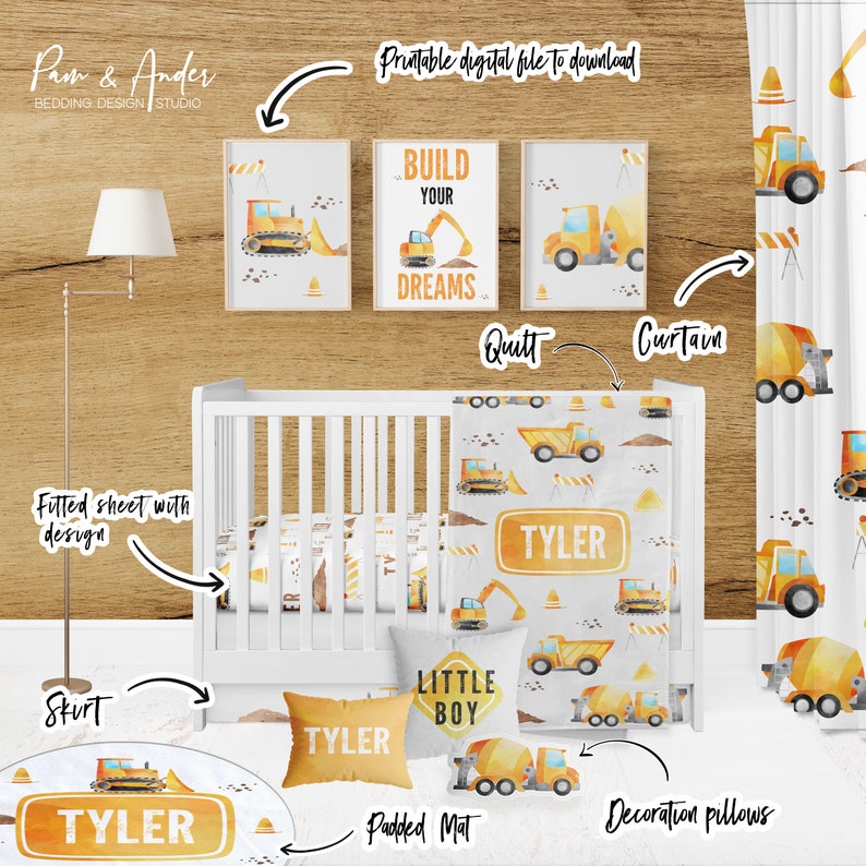 May include: A nursery room decorated with a construction theme. The room features a crib with a fitted sheet and quilt, a round rug, a pillow, and a curtain. The crib bedding features a yellow and gray pattern with construction vehicles. The rug and pillow also feature the same pattern. The curtain is white with a yellow and gray construction vehicle pattern. The room also features two framed prints with the text "Build Your Dreams" and a third print with a construction vehicle. The room is decorated with the name "Tyler".