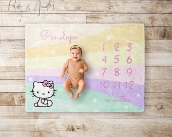 Kitty Milestone Blanket, Rainbow Baby blanket, Baby Girl Gift, Baby Shower Gift, Baby Blanket, Personalized Baby gift