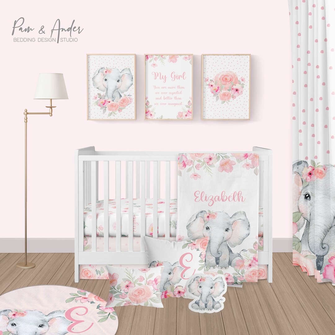 Elephant Baby Bedding Set, Baby Girl Crib Bedding Set, Pink Floral Crib