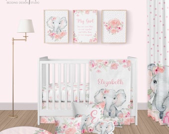 Elephant Baby Bedding Set, Baby Girl Crib Bedding Set, Pink Floral Crib Bedding, Crib sheet Girl, Floral Elephant Nursery, Baby Bedding