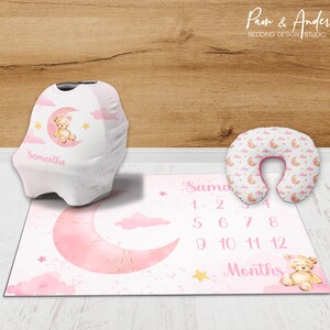 Conjunto de accesorios para bebé de oso, Cuarto de bebé de oso, Accesorios personalizados para niña, Cuarto de bebé de oso lunar, Accesorios rosas