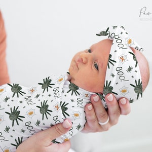 CUTE SPIDER Conjunto de envoltorios para bebés unisex, accesorios para bebés de Halloween, envoltorio personalizado con nombre de bebé, sombrero para bebés, diadema para niñas