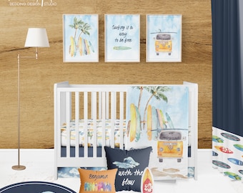 May include: A nursery room with a white crib, a blue and white crib bedding set, a blue and white rug, and three framed prints with a surfing theme. The prints feature a palm tree, a surfboard, and a yellow van. The crib bedding set has a blue and white pattern with surfboards and palm trees. The rug has a blue and white pattern with waves and surfboards. The prints have the text "Surfing is a way to be free".