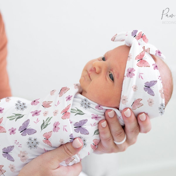 FLORAL BUTTERFLY Baby Girl Swaddle Set, Butterfly Baby Accesories, Personalized Baby Name Swaddle, Baby Girl Headband